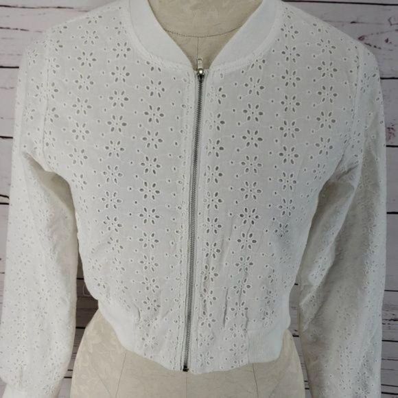 KnitWorks Girls White Eyelet Floral Cropped Zip Up Jacket Size 16 - Picture 3 of 8